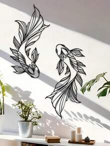 Hello Young 2pcs Metal Carp Wall Hanging Art Decor, Minimalist Line Art Suitable For School, Home Interior Design, Feng Shui, Living Room, Bedroom, Home Decor, Wall Decor, School Surprise, Dorm Decor, Back To School Supplies - 彩色 - 查看 11