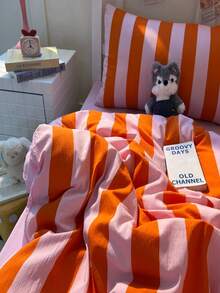 Bộ 3 món ga trải giường kẻ sọc cam, mềm mại và thoáng khí, cỡ Queen. - trái cam - Xem 4