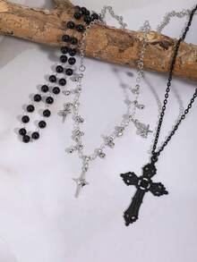 Bộ 3 món: Dây chuyền đính đá hình ngôi sao nhiều lớp thời trang, Dây chuyền choker mặt dây chuyền hình thánh giá cổ điển dành cho nữ - màu đen - Xem 3