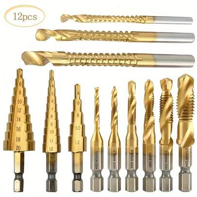 Kit 12 pcs de brocas de aço rápido. Inclui brocas helicoidais, brocas escalonadas e brocas roscadas (como M3, M5, M6, M10, etc.) para atender a diversas necessidades básicas de usinagem, como furação, alargamento e rosqueamento.