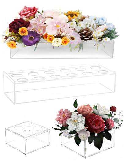 12/4孔长方形花瓶，透明亚克力材质，带孔，矮款，适用于餐桌、家居装饰、婚礼装饰、美容院、春夏家居装饰礼品、生日、毕业典礼、家庭聚会餐桌装饰