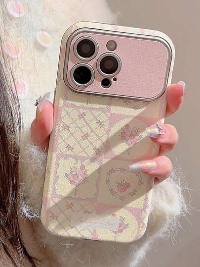 GUCADI 单件装覆盆子格子花卉图案拼接手机壳，兼容 15、16 Pro Max、11、14、12 - 清新优雅皮革全包覆