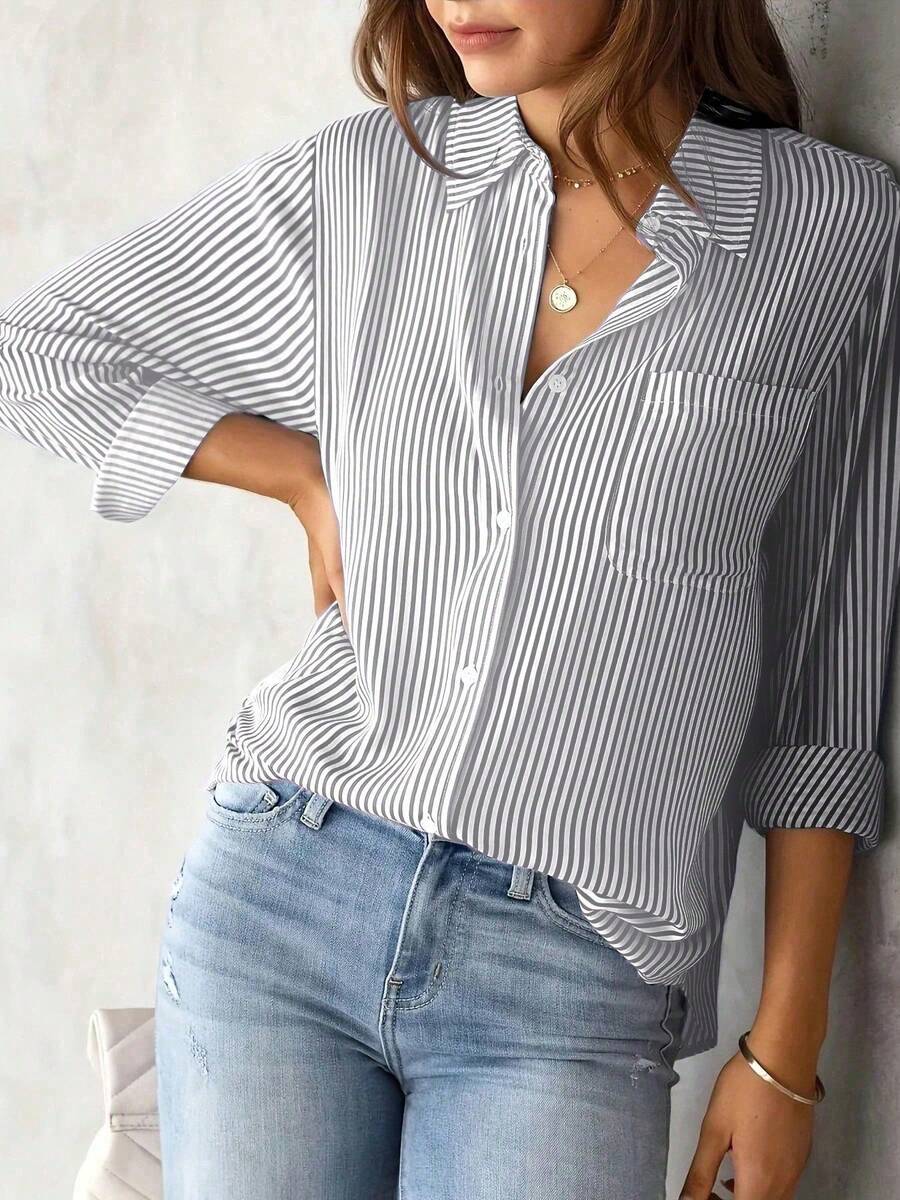 Fashionable Versatile Casual Striped Women Shirt Spring - Grey Stripes - View 1