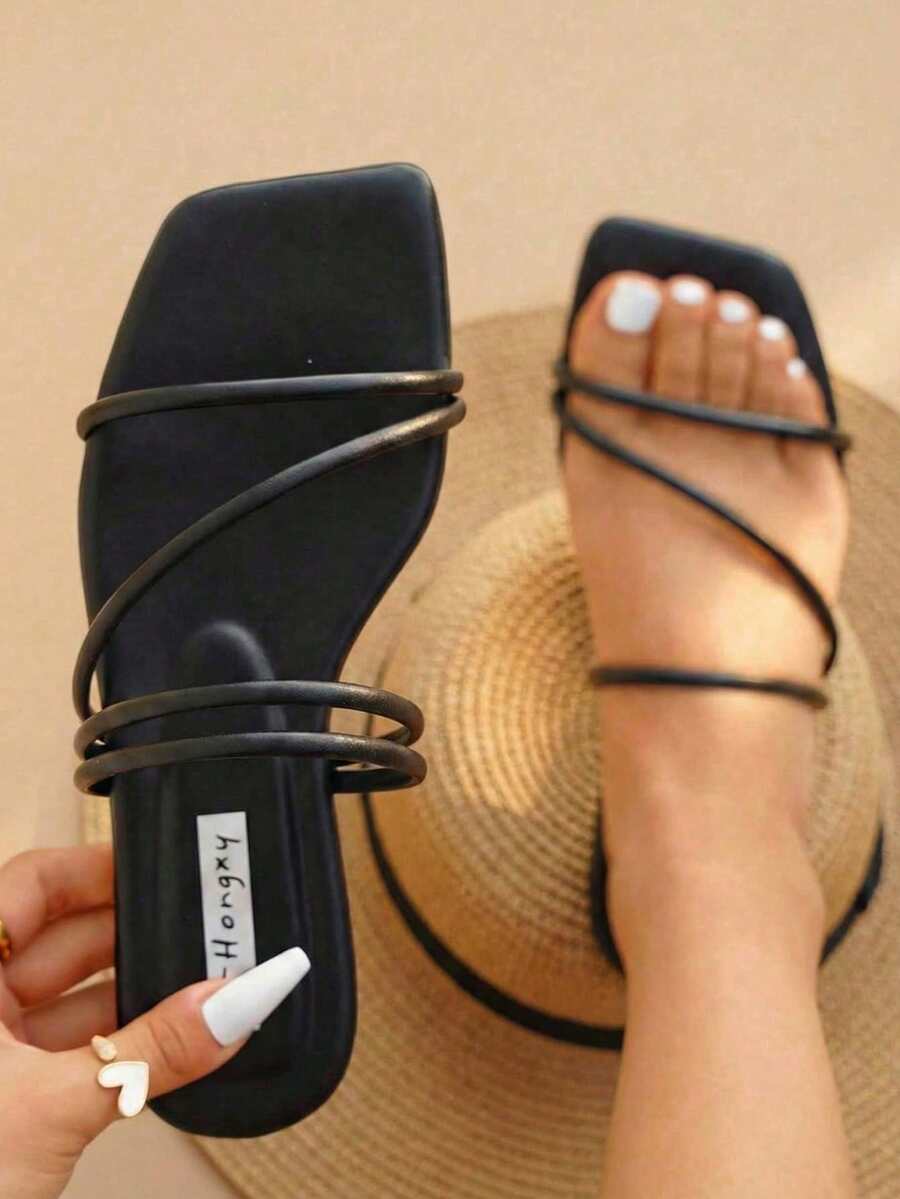 女士时尚休闲度假风方头印花一脚蹬舒适夏季黑色平底凉鞋，沙滩装扮