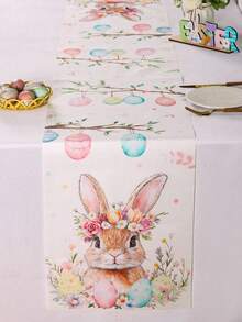1pc Spring Easter Bunny Table Runner, Cute Rabbit, Eggs & Wreath Pattern Tablecloth, Seasonal Spring Kitchen Dining Table Decor, Holiday Party Outdoor Decoration, Happy Easter Home Decor, Farmhouse Style Gift, 13x70 Inches - Multicolor - View 7
