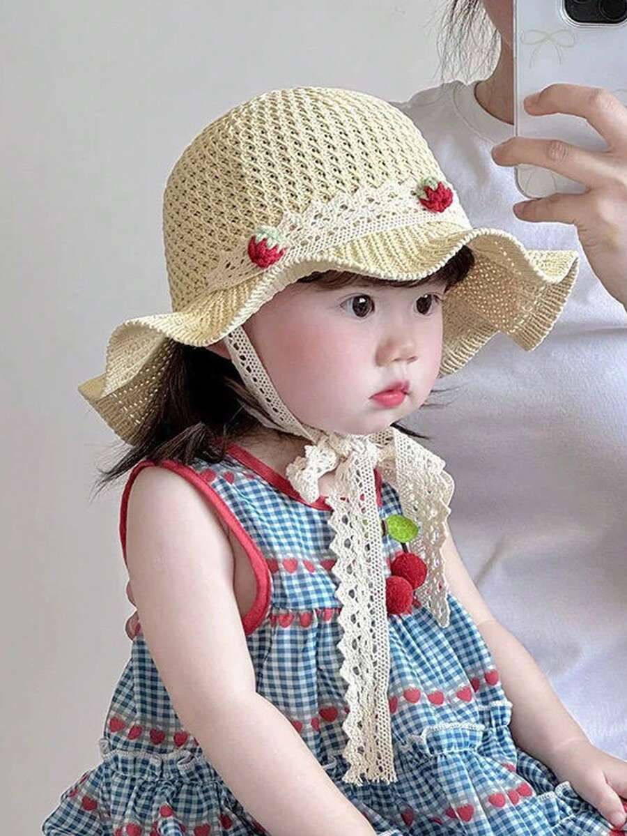 儿童夏季薄款宽檐编织系带草帽，女童户外沙滩防晒帽，时尚个性化男童草帽 - 帽子 - 查看 1