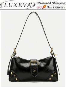 1pc Retro Maillard Distressed Leather Motorcycle Bag With Studs And Buckles, Soft Touch, Folded Detail, Cloud Shape, Shoulder & Crossbody Bag, Suitable For Work, Commute, Date And Party, Retro Inspired Vintage Bag For Women, Halloween Purse Perfect For Fancy Party Halloween Fashion & Gothic Fashion , Vintage Bag - màu đen - Xem 1