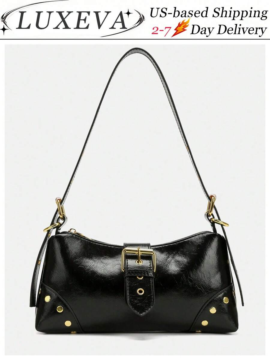 1pc Retro Maillard Distressed Leather Motorcycle Bag With Studs And Buckles, Soft Touch, Folded Detail, Cloud Shape, Shoulder & Crossbody Bag, Suitable For Work, Commute, Date And Party, Retro Inspired Vintage Bag For Women, Halloween Purse Perfect For Fancy Party Halloween Fashion & Gothic Fashion , Vintage Bag - màu đen - Xem 1