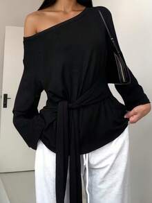 Women's Fashion Black Knit Long Sleeve Top, Asymmetric Hem, Tie-Front Design - Black - View 3