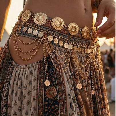 2 件复古波西米亚风格雏菊花瓣和花朵设计，配多层硬币肚脐链，性感阿拉伯流苏腰链，适合海滩、节日、派对、万圣节、校园秋季