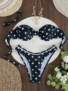 Bộ bikini mùa hè gợi cảm 2 món - Áo tam giác chấm bi màu tím đậm và quần bikini buộc dây bên hông có bèo nhún | Đồ bơi đi biển cho nữ - màu đen - Xem 7