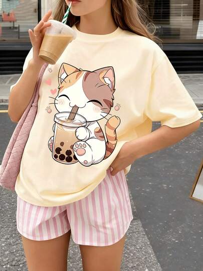 Teenage Girls' Cartoon Cat Print Round Neck T-Shirt, Soft & Comfortable Casual Top For Spring/Summer