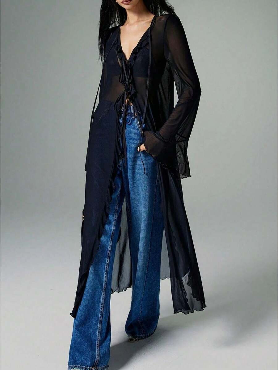 2026 Women's Tie Front Ruffle Sheer Blouse Long Bell Sleeve Going Out Casual Tops Flare Sleeve Front Tie Long Fashion Shirt - 黑色 - 查看 1
