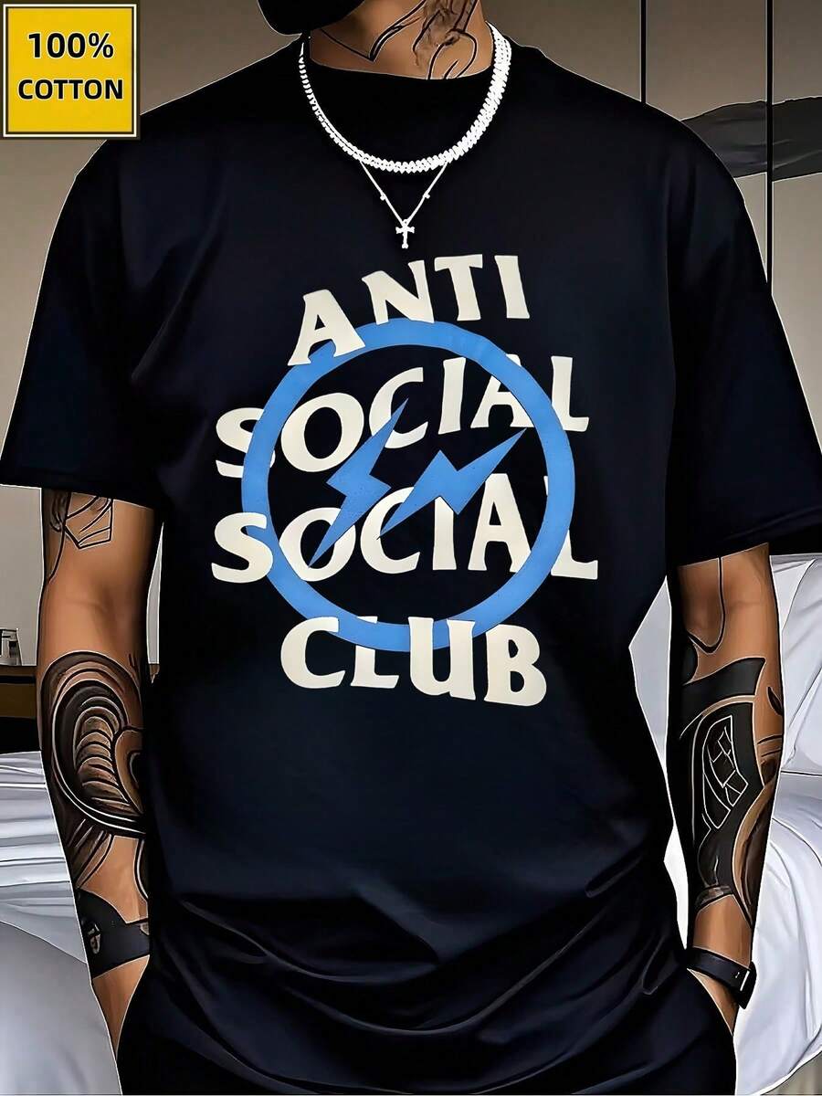 Anti Social Club Printed TShirts Casual Sport ShortSleeved Tee 100% Cotton Spring And Summer Graphic T Shirts Fashion Men'S Top A Great Valentine's Day Gift Valentine Outfits For Men Mardi Gras Gift - Black - View 1