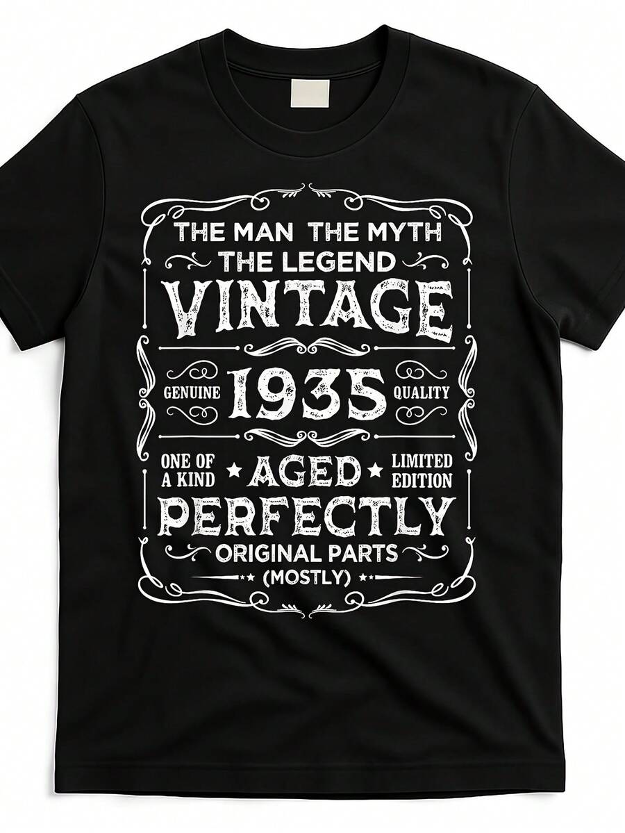 Men'S Vintage 1935 90th Birthday Graphic T-Shirt - Limited Edition 90 Years Old Design, Moisture-Wicking 180g Heavyweight Fabric, All-Season Comfort Round Neck Short Sve Casual & A - Negro 30 - Ver 1