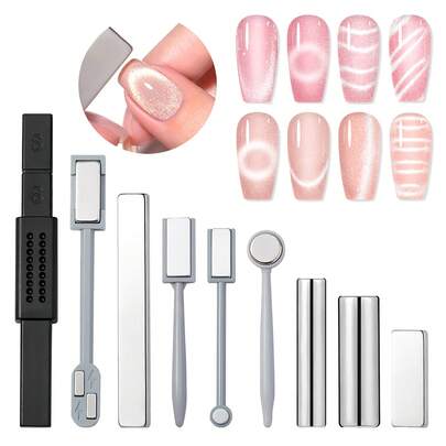  SAVILAND Juego de 9 imanes de ojo de gato para arte de uñas, con fuerte succión, en forma cuadrada y redonda, con herramienta de doble extremo, para diversos efectos de uñas de ojo de gato, para uso en casa y salón, kit de manicura