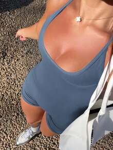 GAOVOT Women's Summer Sexy Backless Cross Design With Breast Pad Short Jumpsuit Gym Yoga Exercise Fitness Running Pilates - Gray Blue - View 7