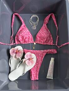 豹纹露背文胸扭结比基尼套装，适合度假 - 玫紅色 - 查看 7