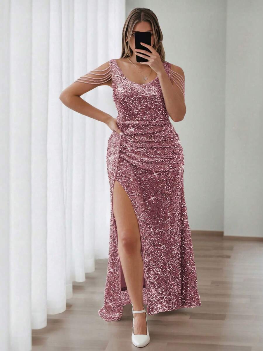 Đầm dạ hội size lớn nhún xếp ly xẻ tà thanh lịch thời trang đính sequin cầu kỳ - Hồng - Xem 1