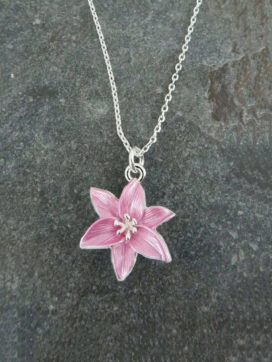 1pc Lily Pink Flower Delicate Pendant Necklace, Silver Chain Floral Necklace, Birthday/Wedding Gift - Multicolor - View 1