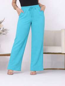 Wide-Leg, Loose-Fitting, High-Waisted Pants In Duna Fabric With Elastic Waistband And Pockets. - Dusty Blue - View 1