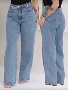 Calça Jeans Wide Leg Feminina Marmorizada Pantalona Oversized 100% Jeans - Lavagem Média - Visão 15