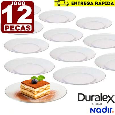 Kit Jogo 12  Pratos Duralex Astral Sobremesa Vidro Temperado Transparente Circular Conjunto