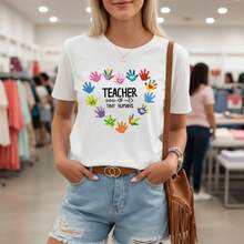 Women's Teacher Of Tiny Humans Graphic Print Cotton T-Shirt, Round Neck Short Sleeve Casual Tee, Rainbow Handprint Design, Loose Fit, S-5XL Sizes, Ideal For School, Teacher Appreciation, Daily Wear, Comfortable Soft Cotton Fabric,  Education Themed Top - 白色 - 查看 1