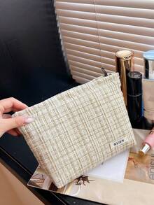 Plaid Tweed Cosmetic Bag, Portable Makeup Tool Storage Pouch Makeup Bag Toiletry Bag Skincare Bag Wash Bag Toiletry Travel Bag Vacation Essentials For Women Travel Bags For Women Large Capacity Bag - Green - View 8