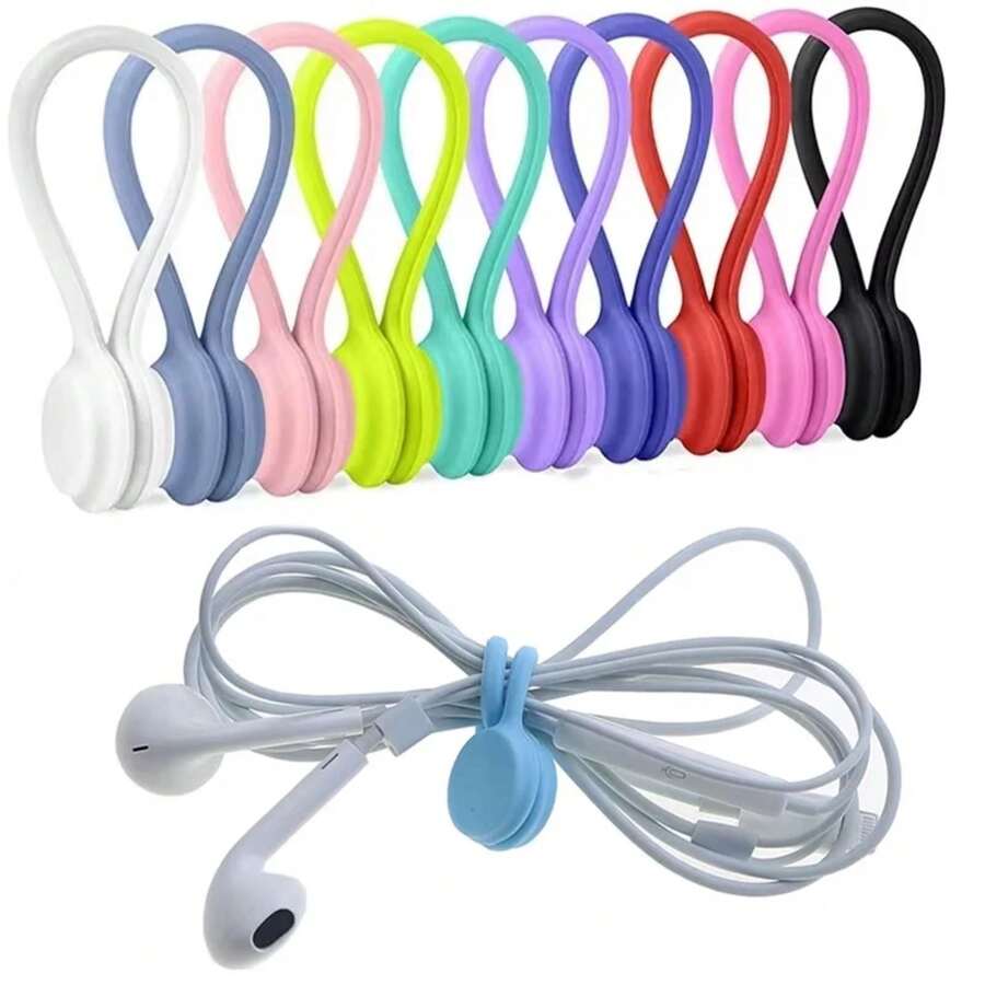 enrollador de cables USB, brida para cables de auriculares, soporte de almacenamiento Ptotector, organizador de cables de silicona, atracción magnética O8LW - Blanco 3 piezas - Ver 1