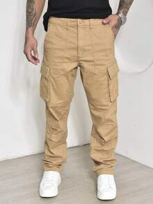 Calças Cargo Masculino Sarja Casuais com Multi-Bolsos Com Lycra - Caramelo - Visão 3