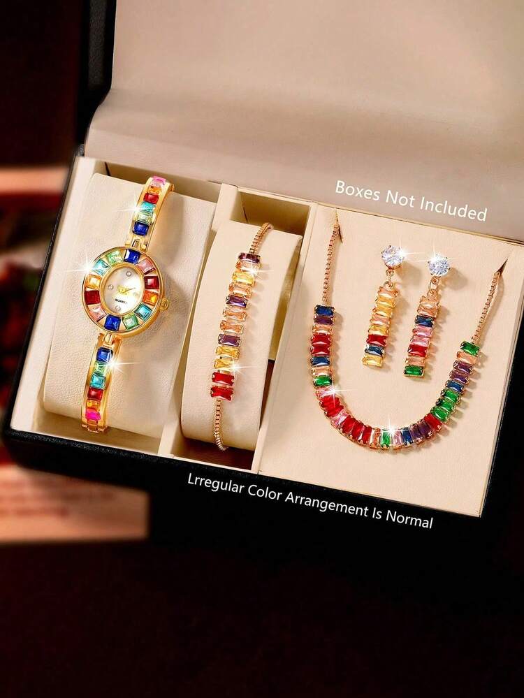 1 Set Women's Fashion Jewelry Set, Minimalist Small Dial Quartz Watch, Elegant Ladies Wrist Watch Paired With Crystal Decorated Necklace, Earrings And Bracelet, Perfect For Daily Wear, Birthday Gift, Party, Holiday Gathering, Ideal Gift For Yourself Or Friends. No Packaging Included. - Gold - View 7