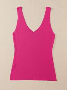 Acelitt Tank Top Rajut Wol Tanpa Lengan Leher V Warna Polos untuk Wanita, Kasual, Liburan Musim Panas - Hot Pink - View 5