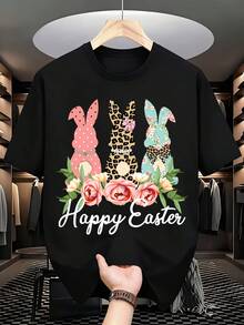 Happy Easter Bunny Print Women's Top Floral Design Easter Celebration Outfit Spring Festival Wear, It Is A Perfect T-Shirt To Give To Friends And Family On Any Holiday Or Festive Occasion, 220g - 黑色 - 查看 2