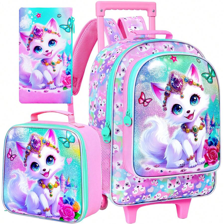 3 Piezas Mochila con Ruedas para Niñas, Mochila Escolar con Ruedas para Niños, Mochila con Ruedas con Diseño de Zorro para Primaria, Preescolar, Jardín de Infantes (Rosa) - Rosa - Ver 1