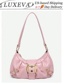 1pc Women's Vintage Mille Doux Wasteland Style Soft Distressed Leather Bag, Rivets And Needle Buckle Decoration, Wrinkle And Cloud Patterns, Shoulder/Crossbody Bag, Suitable For Work, Commute, Date And Party, Tready Crescent Moon Bag For Women - Hồng - Xem 12