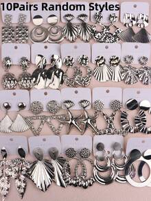 10 đôi/lô bông tai mặt dây chuyền hình lá, trái tim, bướm bằng hợp kim thời trang, thanh lịch, thích hợp làm trang sức cho nữ, quà tặng cho bạn bè. - 10 đôi bông tai kim loại bạc cỡ lớn - Xem 30