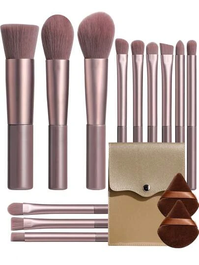  BS-MALL 12件套浅棕色便携迷你化妆刷套装，含2个化妆海绵和1个金色刷袋，质地柔软，包含眼影刷、粉底刷、腮红刷，赠品，专业化妆刷，完整化妆套装