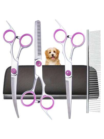 6-In-1 Professional Pet Grooming Scissors Set, Includes Curved Scissors And Stainless Steel Comb, Right-Handed Pet Trimming Tools, Suitable For Dogs And Cats