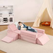 Sofá Modular Infantil de 12 Piezas con Piscina de Bolas y Rampa | Cojines de Espuma para Jugar y Descansar | Ideal para Sala de Juegos y Dormitorio - Rosa - Ver 8