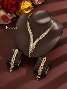 1 Set de joyería dorada con cristales completos para mujer, collar en forma de V brillante + aretes con flecos, material de cristal/cobre, adecuado para ocasiones formales, regalo para el Día de San Valentín/Día de la Madre - Multicolor - Ver 3