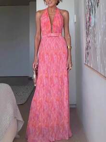 Vacation Style Women's Sexy Deep V-Neck Backless Halter Dress High-Waist Pink Long Dress Elegant Dress Slim Fit Long Formal Gown For Evening Party Fashion & Graceful Graduation Party Outfit - Hồng - Xem 1