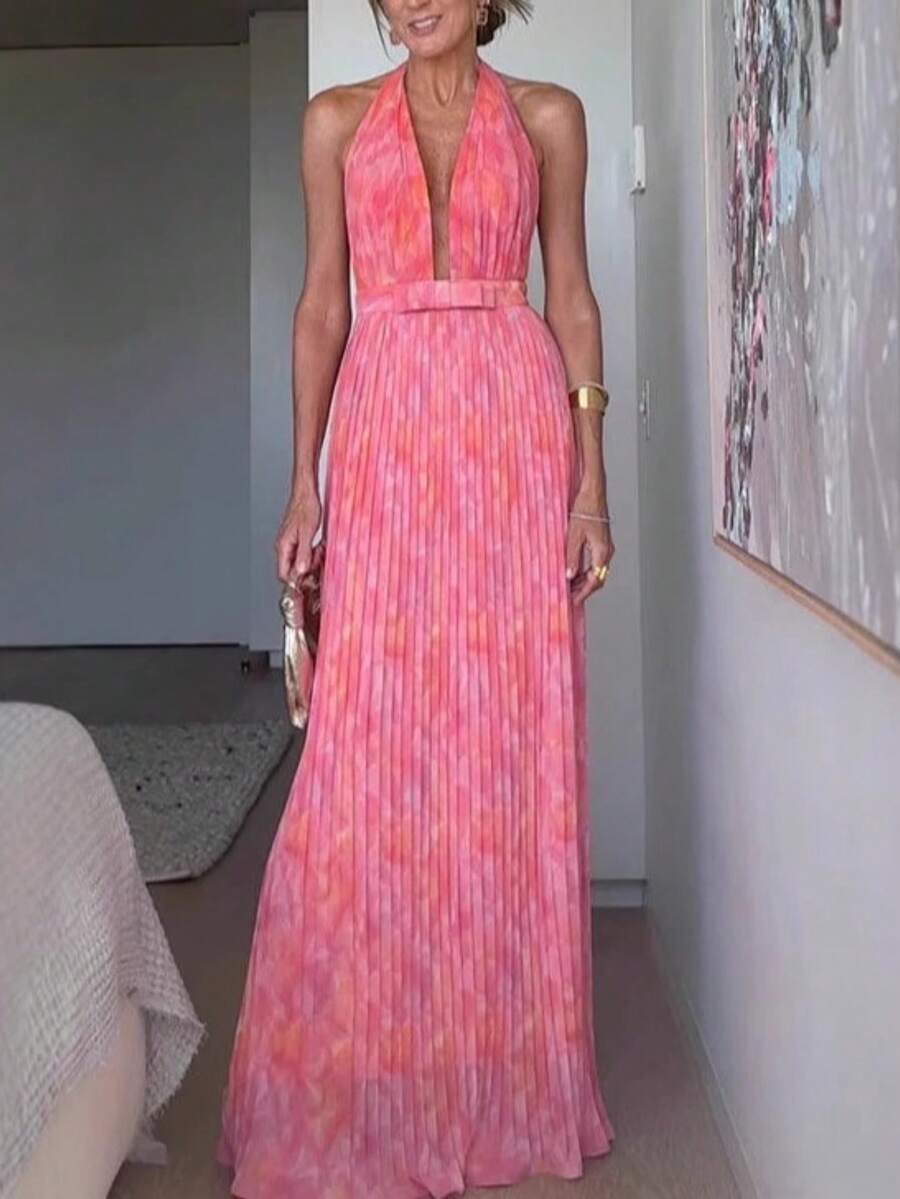 Vacation Style Women's Sexy Deep V-Neck Backless Halter Dress High-Waist Pink Long Dress Elegant Dress Slim Fit Long Formal Gown For Evening Party Fashion & Graceful Graduation Party Outfit - Hồng - Xem 1