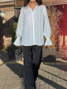 秋季新款甜美清新百搭优雅通勤宽松立领灯笼袖长袖休闲提花衬衫女上衣 - 白色 - 查看 6