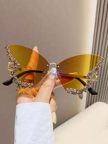1-2pcs Fashionable Butterfly Shaped Rhinestone Frameless Fashion Glasses, Suitable For Travel, Y2K Style Rhinestone Butterfly Frame Fashion Glasses Suitable For Summer Beach Vacation And Outdoor Travel - Multicolor - View 5