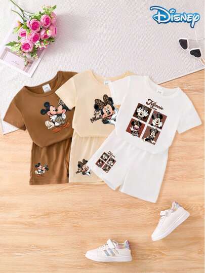Disney Baby Girls' 6-Piece & Print T-Shirt And Shorts Set, Casual Summer Children Daily Basic Outfit, Grid Pose Photography, Dancing Letter Print Knit Crew Neck Short Sleeve Elastic Waist Pants, Outdoor Holiday Wear