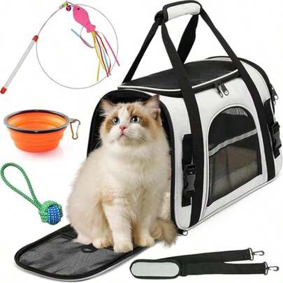 Transportadora para Gato y Perro, Mochila Transpirable para Gatos, Transportadora para Perro Mediano, Carga MÁXIMA 10kg/22LB, con Cojín de Peluche, Juguetes para Mascotas y Cuenco (Gris)
