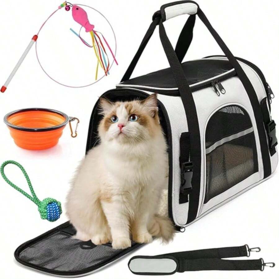 Transportadora para Gato y Perro, Mochila Transpirable para Gatos, Transportadora para Perro Mediano, Carga MÁXIMA 10kg/22LB, con Cojín de Peluche, Juguetes para Mascotas y Cuenco (Gris) - Gris - Ver 1