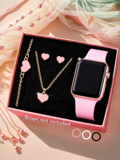 5/1pc Women Elegant Minimalist LED Digital Display Electronic Watch, Suitable For Daily Wear, Paired With Heart Necklace Bracelet Ring Earring Set, Perfect For Back To School, Graduation, Gathering, Vacation, Travel, Party Decor, Birthday/Holiday Gift, Valentine's Day Gift For Her