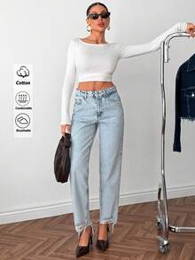 High Waist Plain Casual Comfortable Denim Pocket Zipper Button Jeans - Blue - View 2